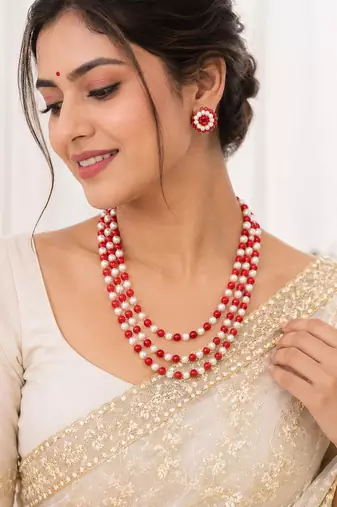 Red coral & white pearl 3-layer beaded necklace set with earrings