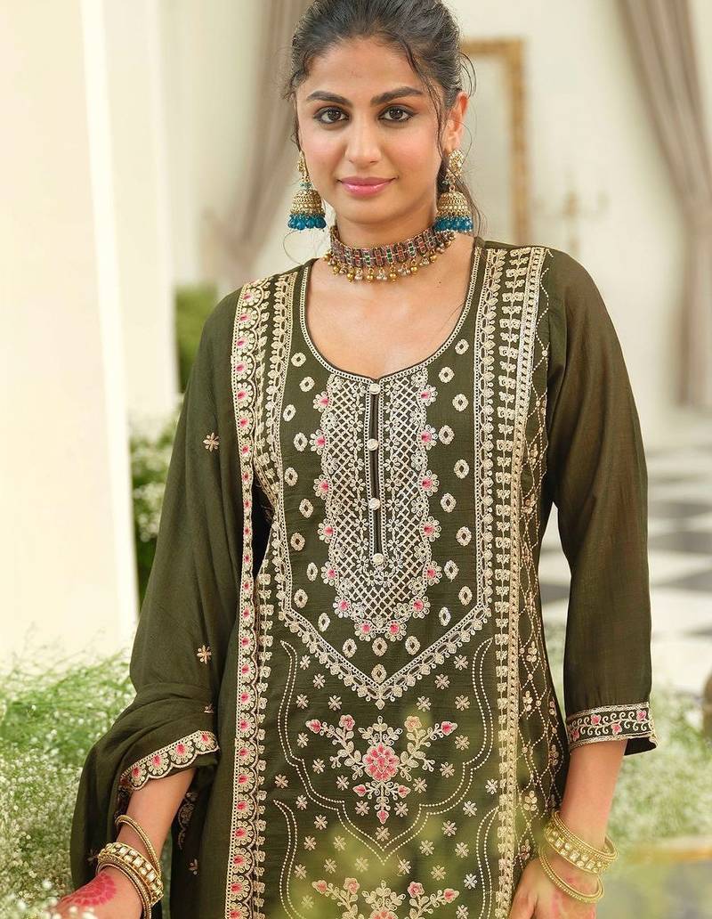 Women Ethnic Motifs Embroidered Regular Thread Work Kurta with Palazzos & With Dupatta