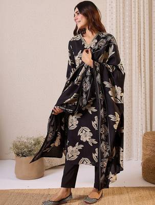 Women Floral Printed Regular Thread Work Chanderi Silk Kurta with Trousers & With Dupatta 1
