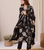 Women Floral Printed Regular Thread Work Chanderi Silk Kurta with Trousers & With Dupatta