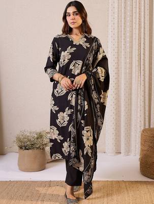 Women Floral Printed Regular Thread Work Chanderi Silk Kurta with Trousers & With Dupatta 4