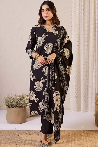 Women Floral Printed Regular Thread Work Chanderi Silk Kurta with Trousers & With Dupatta