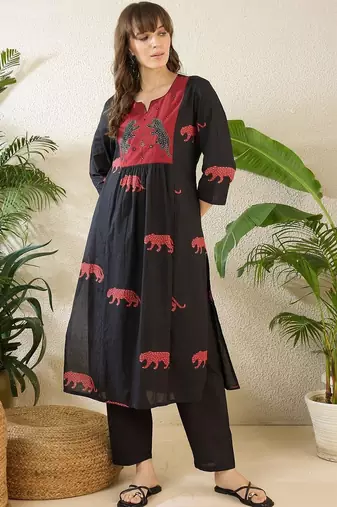 Women Animal Printed Empire Thread Work Pure Cotton Kurta with Trousers