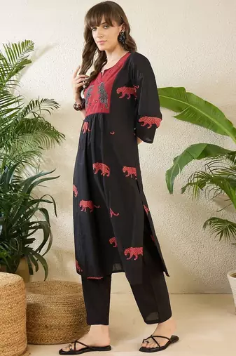 Women Animal Printed Empire Thread Work Pure Cotton Kurta with Trousers