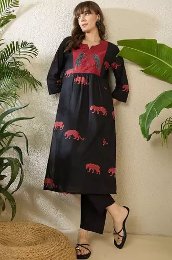 Women Animal Printed Empire Thread Work Pure Cotton Kurta with Trousers