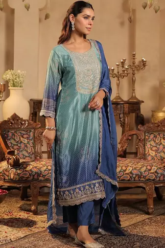Women Ombre Printed Regular Sequinned Kurta with Trousers & With Dupatta