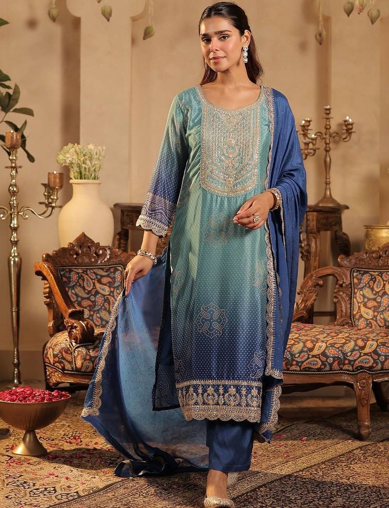 Women Ombre Printed Regular Sequinned Kurta with Trousers & With Dupatta