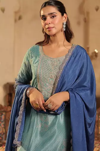 Women Ombre Printed Regular Sequinned Kurta with Trousers & With Dupatta