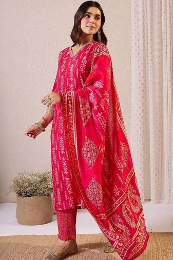 Women Ethnic Motifs Printed Regular Chanderi Silk Kurta with Trousers & With Dupatta