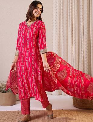 Women Ethnic Motifs Printed Regular Chanderi Silk Kurta with Trousers & With Dupatta 2
