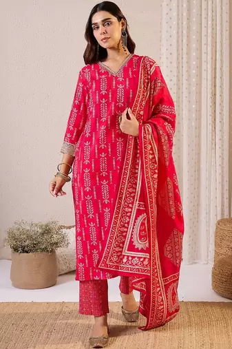 Women Ethnic Motifs Printed Regular Chanderi Silk Kurta with Trousers & With Dupatta