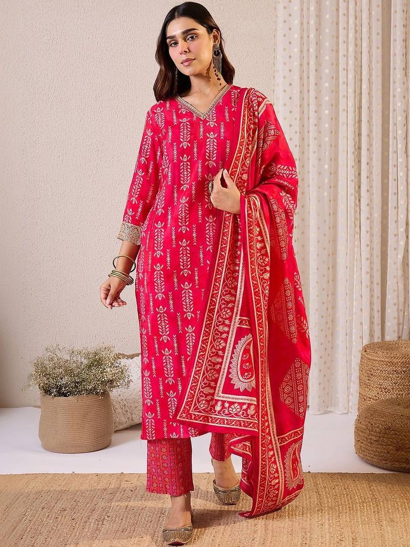 Women Ethnic Motifs Printed Regular Chanderi Silk Kurta with Trousers & With Dupatta