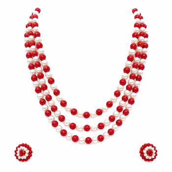 Red coral & white pearl 3-layer beaded necklace set with earrings 3