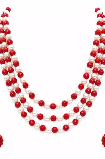 Red coral & white pearl 3-layer beaded necklace set with earrings
