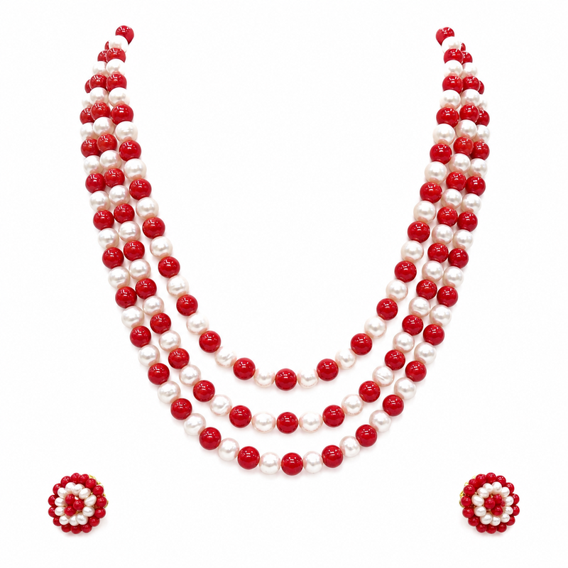 Red coral & white pearl 3-layer beaded necklace set with earrings
