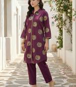 Women Ethnic Motifs Printed Regular Thread Work Pure Cotton Kurta with Trousers