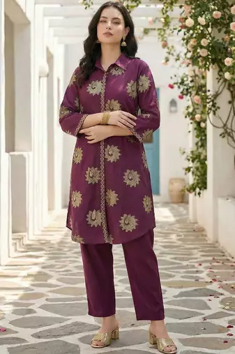 Women Ethnic Motifs Printed Regular Thread Work Pure Cotton Kurta with Trousers