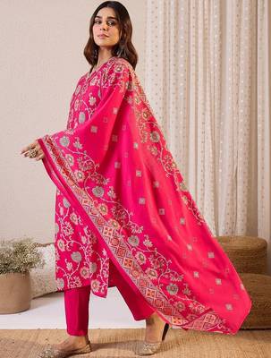Women Ethnic Motifs Regular Chanderi Silk Kurta with Trousers & With Dupatta 1