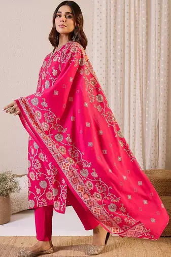 Women Ethnic Motifs Regular Chanderi Silk Kurta with Trousers & With Dupatta