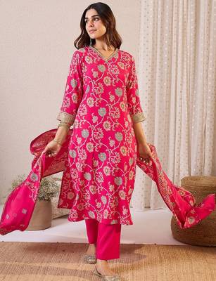 Women Ethnic Motifs Regular Chanderi Silk Kurta with Trousers & With Dupatta 2