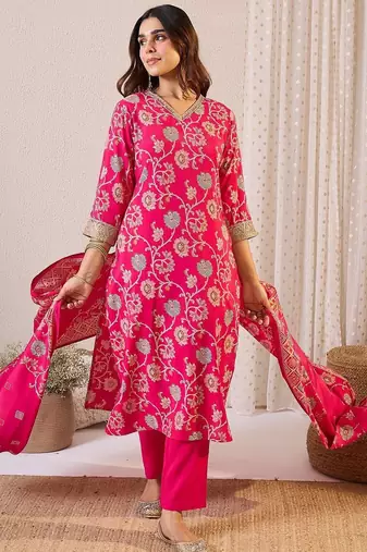 Women Ethnic Motifs Regular Chanderi Silk Kurta with Trousers & With Dupatta