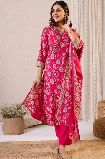 Women Ethnic Motifs Regular Chanderi Silk Kurta with Trousers & With Dupatta