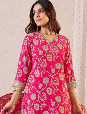 Women Ethnic Motifs Regular Chanderi Silk Kurta with Trousers & With Dupatta 6