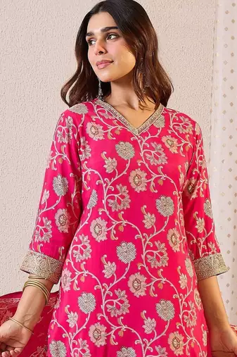 Women Ethnic Motifs Regular Chanderi Silk Kurta with Trousers & With Dupatta