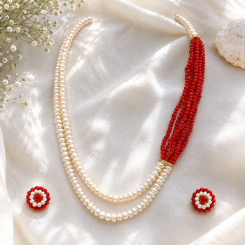Pearl and red coral bead multilayer necklace set with earrings 1