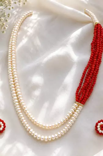 Pearl and red coral bead multilayer necklace set with earrings