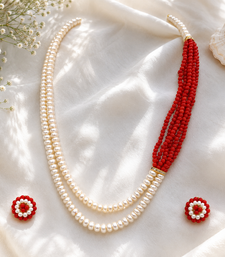 Pearl and red coral bead multilayer necklace set with earrings
