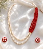 Pearl and red coral bead multilayer necklace set with earrings