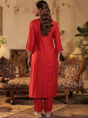 Women Ethnic Motifs Embroidered Regular Thread Work Liva Kurta with Trousers & With Dupatta 4