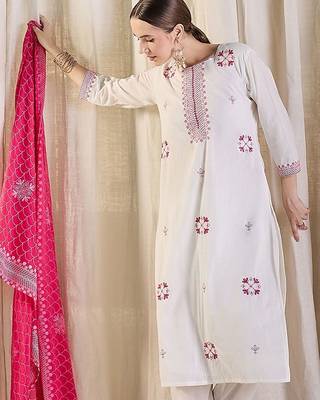 Women Ethnic Motifs Embroidered Regular Thread Work Pure Cotton Kurta with Trousers & With Dupatta 6