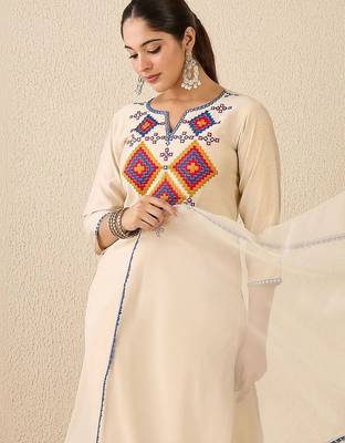 Women Ethnic Motifs Embroidered Regular Thread Work Liva Kurta with Trousers & With Dupatta 6