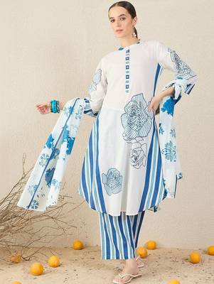 Women Floral Printed Regular Pure Cotton Kurta with Palazzos & With Dupatta 4