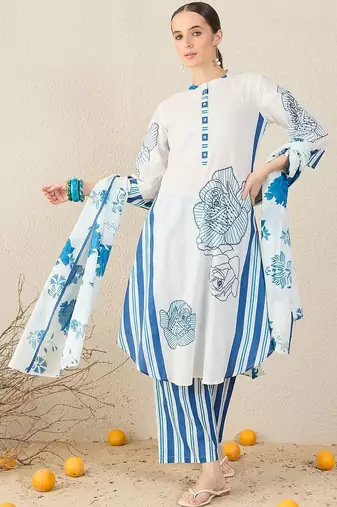 Women Floral Printed Regular Pure Cotton Kurta with Palazzos & With Dupatta