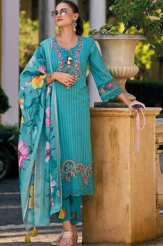 Women Regular Thread Work  Cotton Kurta with Trousers & With Dupatta
