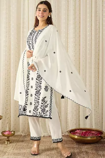 Women Floral Embroidered Regular Thread Work Kurta with Trousers & With Dupatta