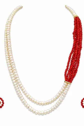 Pearl and red coral bead multilayer necklace set with earrings
