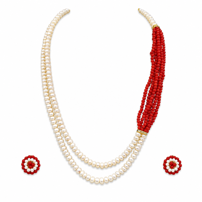 Pearl and red coral bead multilayer necklace set with earrings