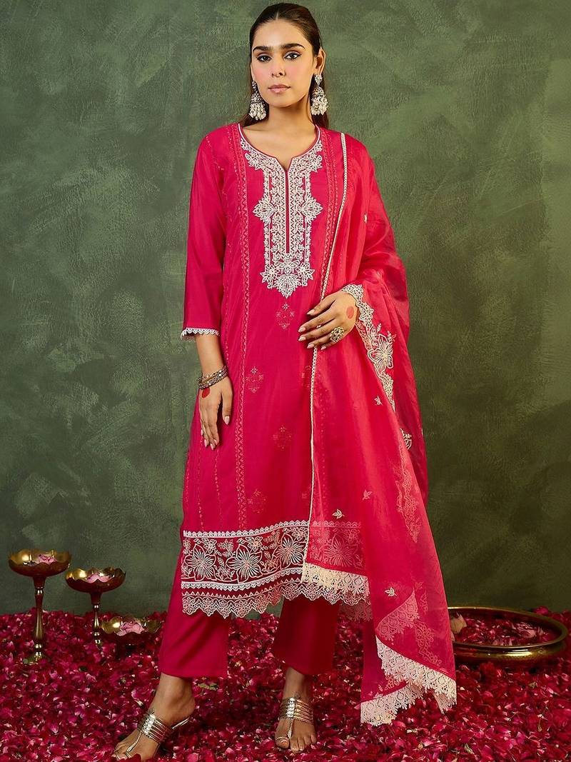 Women Ethnic Motifs Embroidered Regular Thread Work Kurta with Trousers & With Dupatta