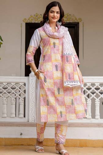 Women Ethnic Motifs Printed Regular Pure Cotton Kurta with Trousers & With Dupatta