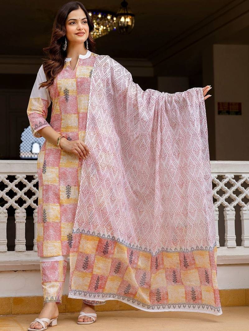 Women Ethnic Motifs Printed Regular Pure Cotton Kurta with Trousers & With Dupatta