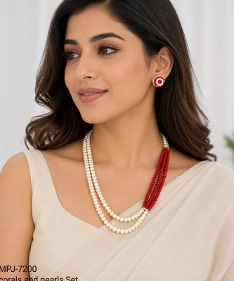Pearl and red coral bead multilayer necklace set with earrings 3