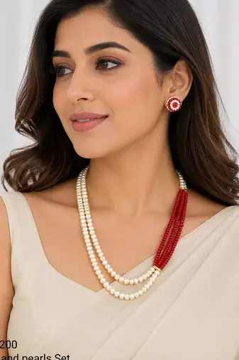 Pearl and red coral bead multilayer necklace set with earrings