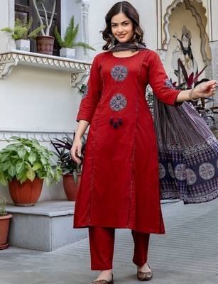 Women Ethnic Motifs Embroidered Regular Thread Work Pure Cotton Kurta with Trousers & With Dupatta 1
