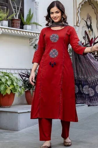 Women Ethnic Motifs Embroidered Regular Thread Work Pure Cotton Kurta with Trousers & With Dupatta