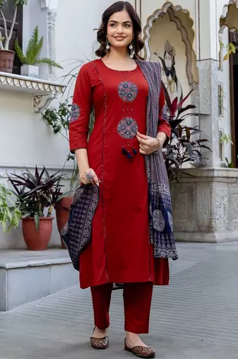 Women Ethnic Motifs Embroidered Regular Thread Work Pure Cotton Kurta with Trousers & With Dupatta