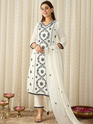 Women Ethnic Motifs Embroidered Regular Thread Work Kurta with Trousers & With Dupatta 4